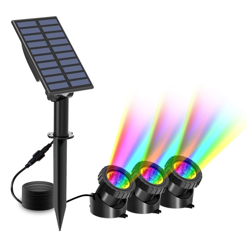 T-SUN Solar Pond Lights, 3 in 1 RGB Color Changing Underwater Pond Lights, Outdoor Waterproof LED Landscape Spotlights for Fish Tank Garden Yard Pool Pond Fountain Waterfall Decoration(3 Head Lamp) - Image 1